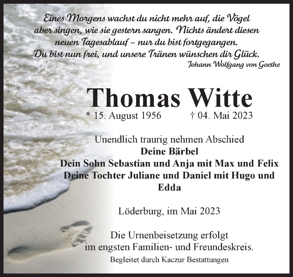 Traueranzeigen Von Thomas Witte Abschied Nehmen De