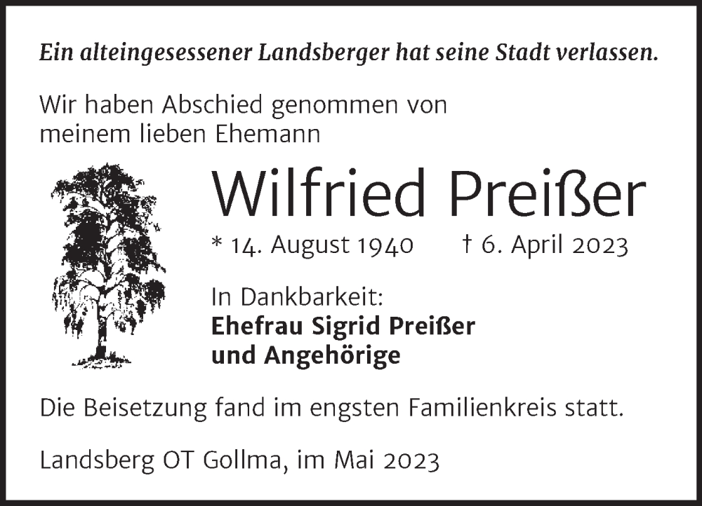 Traueranzeigen von Wilfried Preißer abschied nehmen de