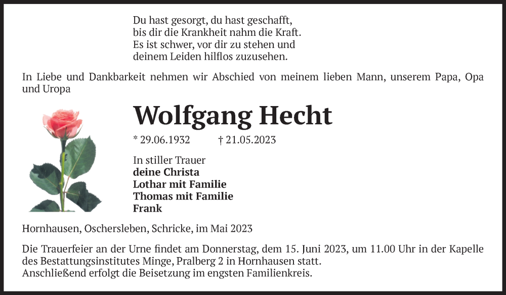 Traueranzeigen Von Wolfgang Hecht Abschied Nehmen De