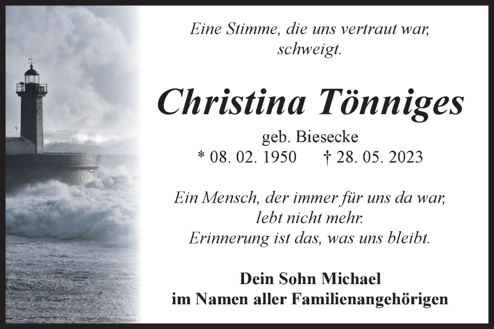 Traueranzeigen von Christina Tönniges abschied nehmen de