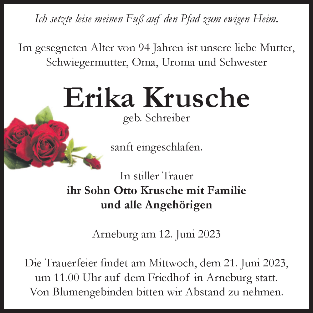 Traueranzeigen Von Erika Krusche Abschied Nehmen De