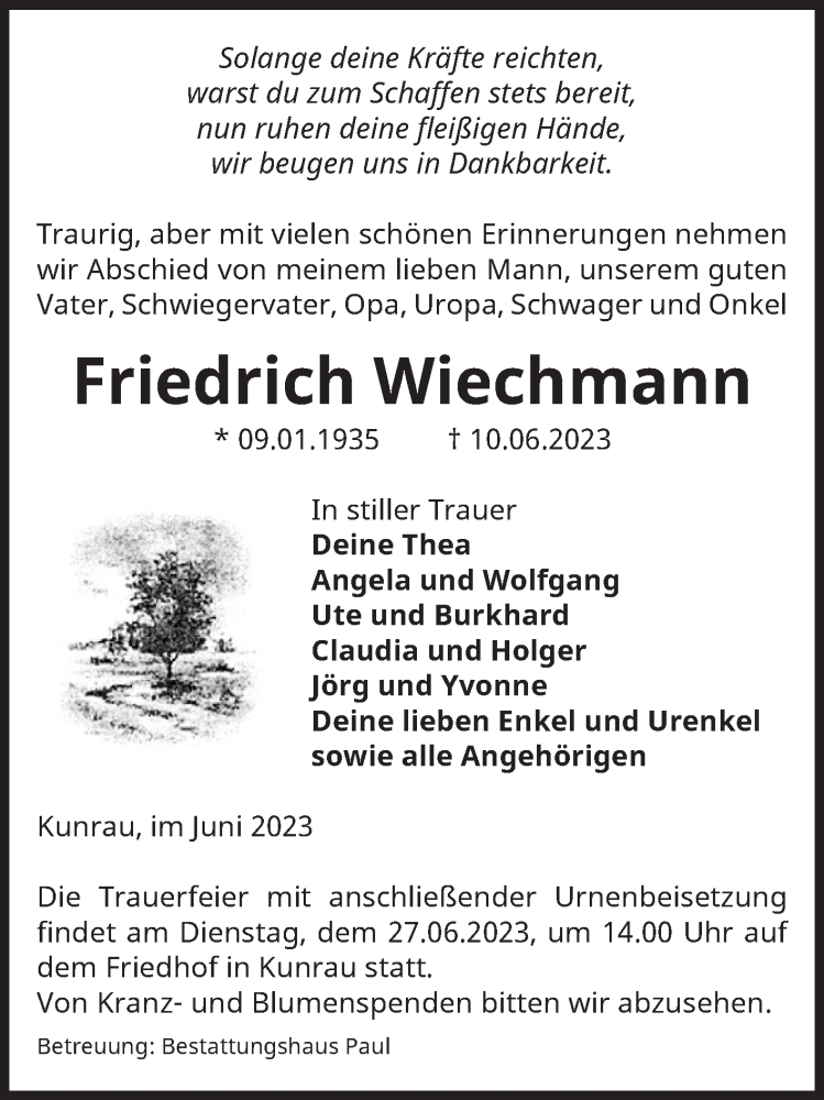 Traueranzeigen Von Friedrich Wiechmann Abschied Nehmen De