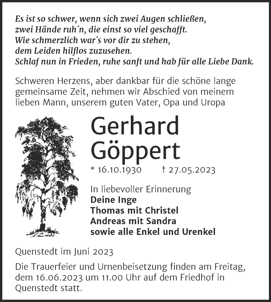 Traueranzeigen von Gerhard Göppert abschied nehmen de