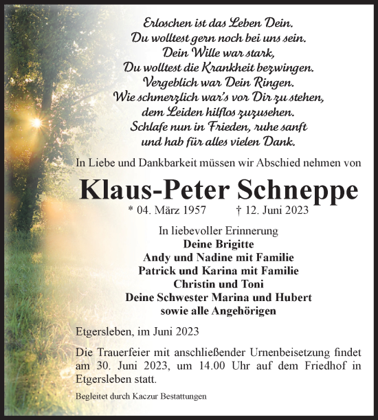 Traueranzeigen Von Klaus Peter Schneppe Abschied Nehmen De