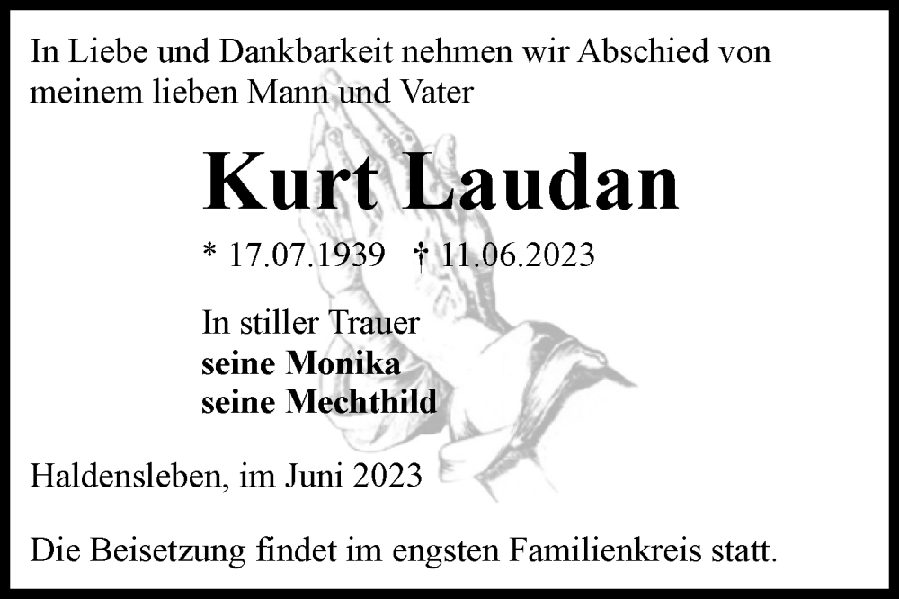 Traueranzeigen Von Kurt Laudan Abschied Nehmen De