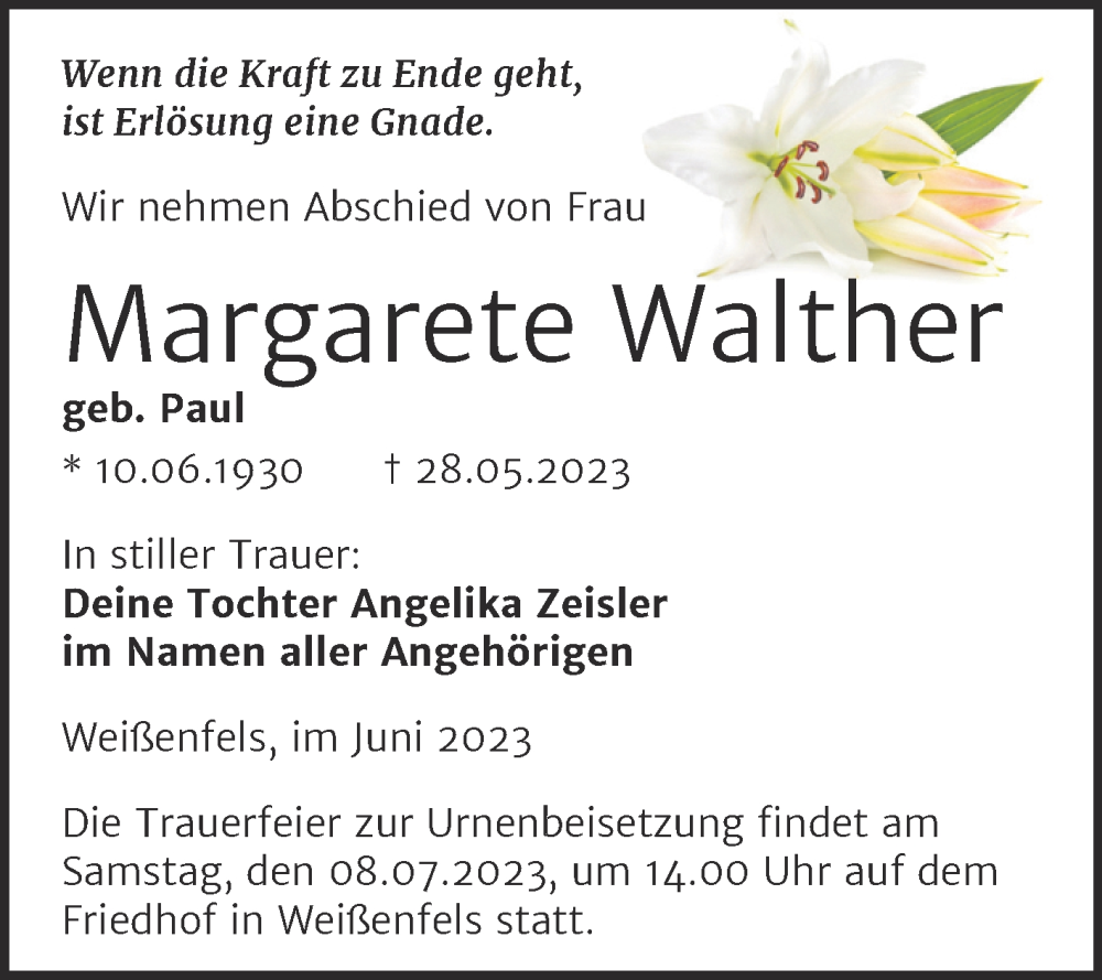 Traueranzeigen Von Margarete Walther Abschied Nehmen De