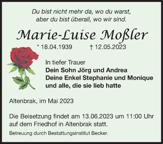 Traueranzeigen von Marie Luise Moßler abschied nehmen de