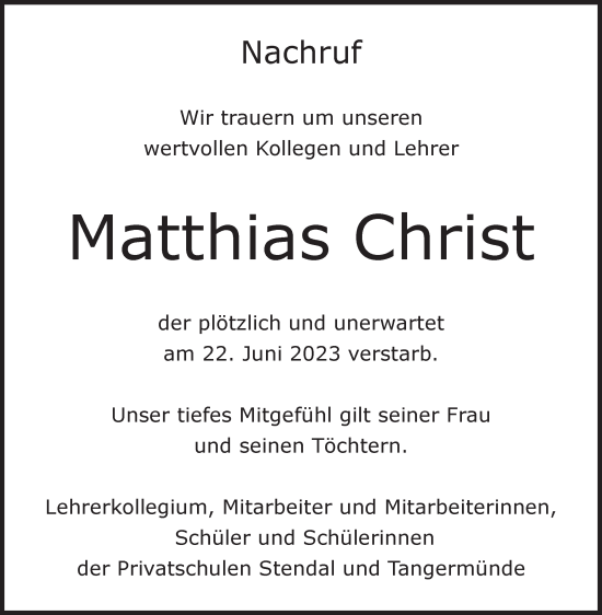 Traueranzeigen Von Matthias Christ Abschied Nehmen De