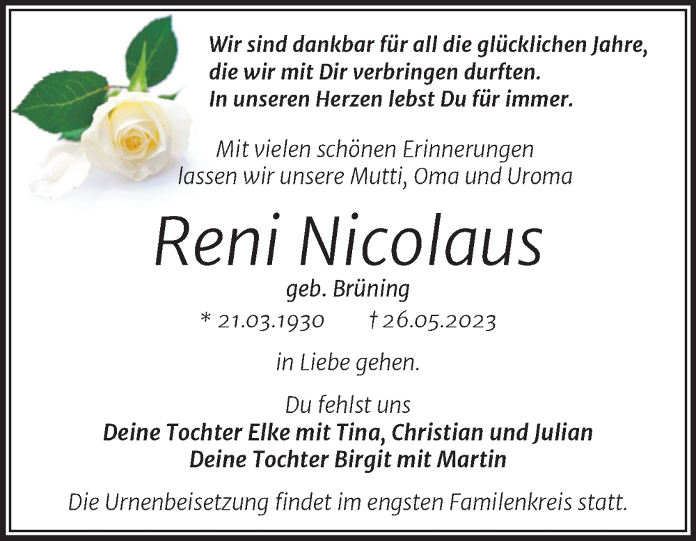 Traueranzeigen Von Reni Nicolaus Abschied Nehmen De