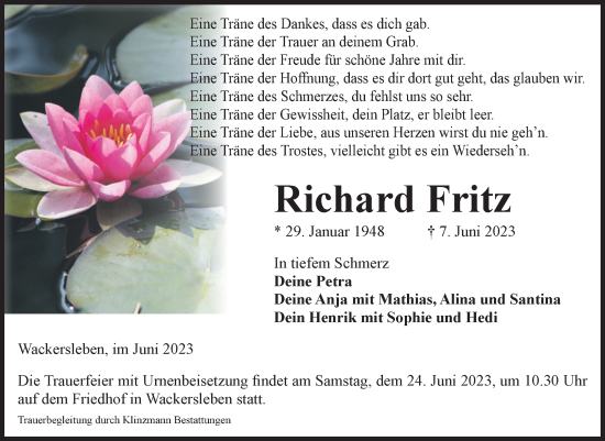 Traueranzeigen Von Richard Fritz Abschied Nehmen De