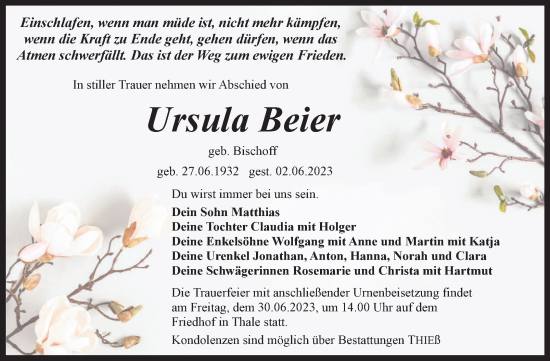 Traueranzeigen Von Ursula Beier Abschied Nehmen De