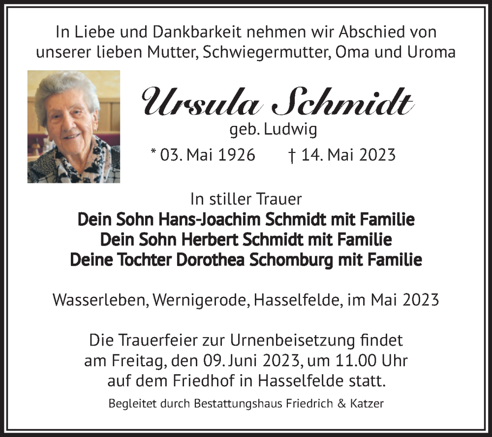 Traueranzeigen Von Ursula Schmidt Abschied Nehmen De