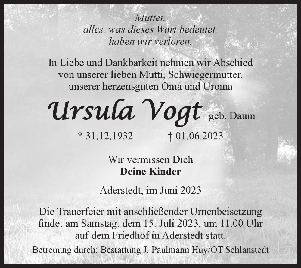 Traueranzeigen Von Ursula Vogt Abschied Nehmen De