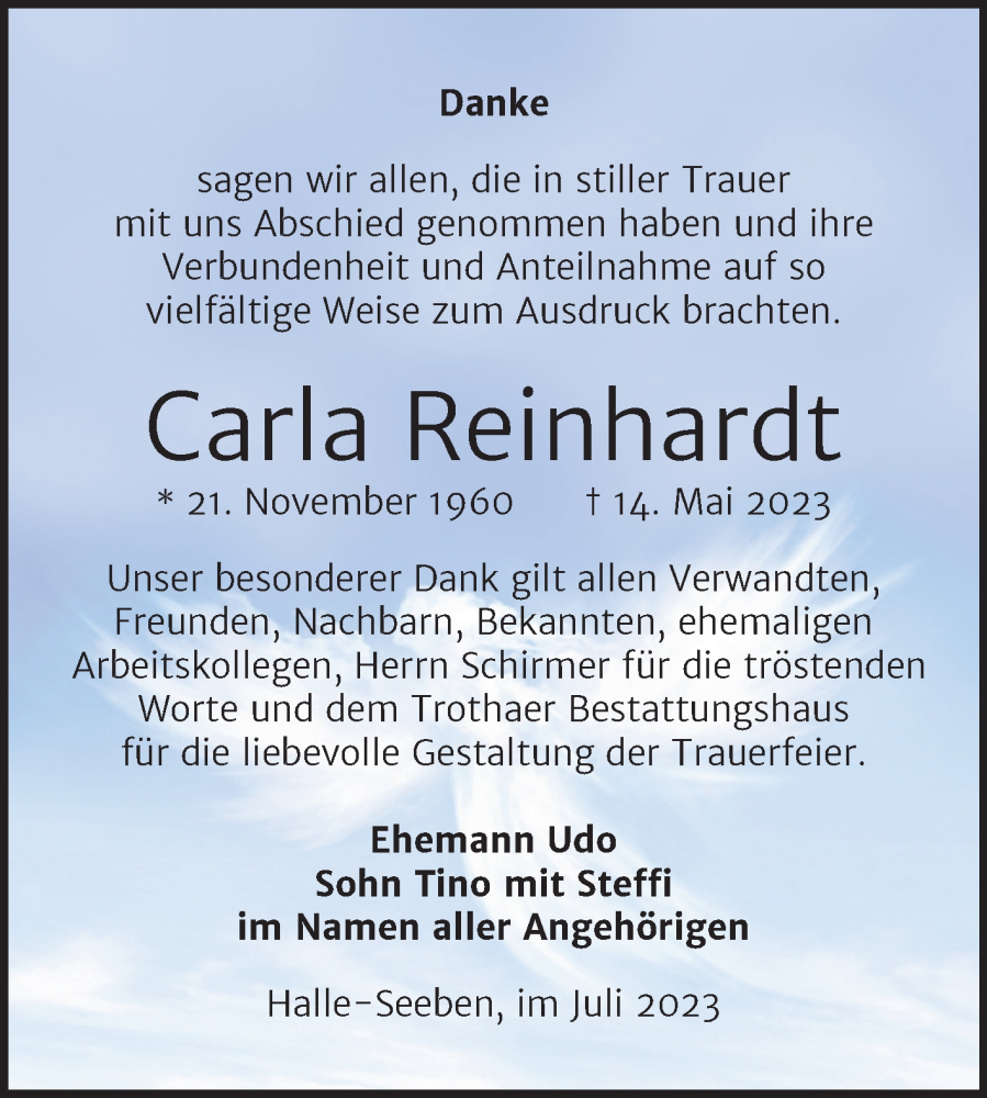 Traueranzeigen Von Carla Reinhardt Abschied Nehmen De