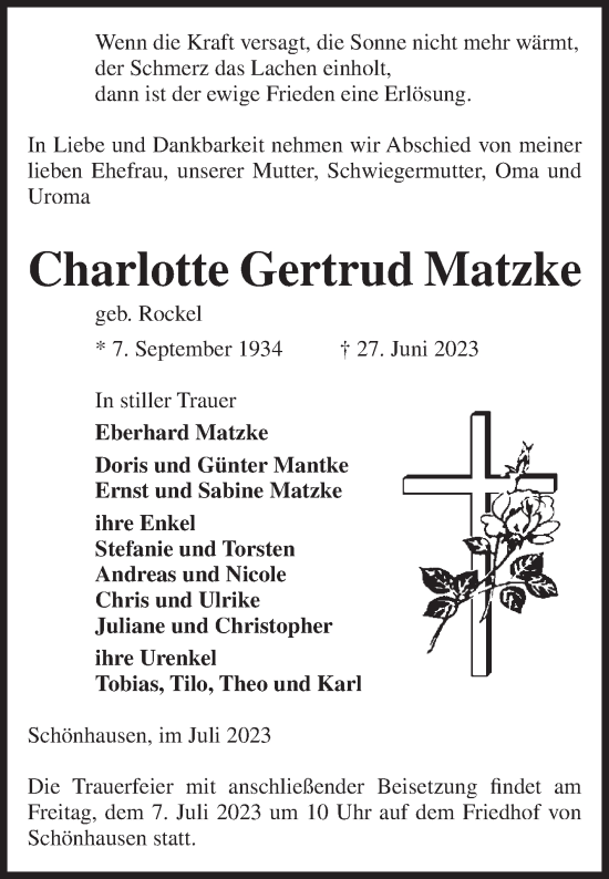 Traueranzeigen Von Charlotte Gertrud Matzke Abschied Nehmen De