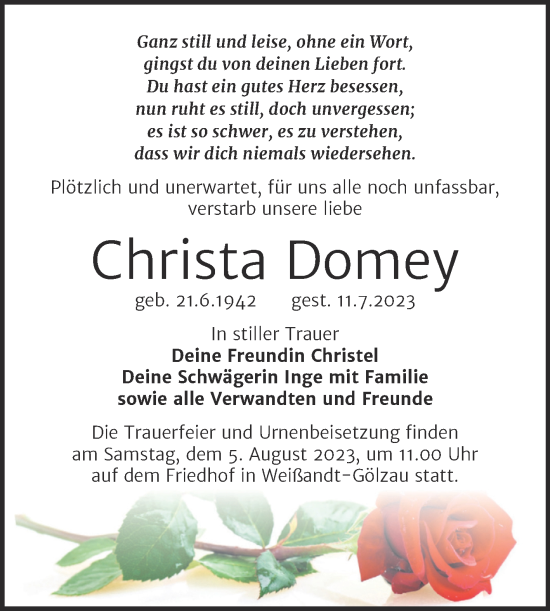 Traueranzeigen Von Christa Domey Abschied Nehmen De