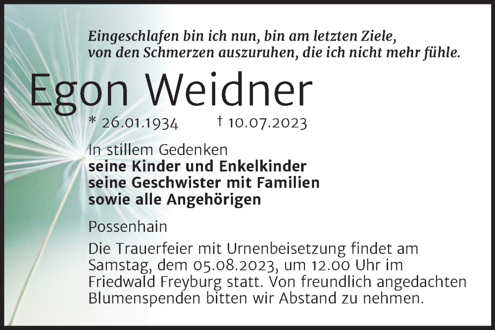 Traueranzeigen Von Egon Weidner Abschied Nehmen De