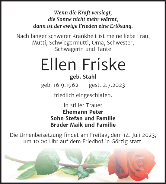 Traueranzeigen Von Ellen Friske Abschied Nehmen De