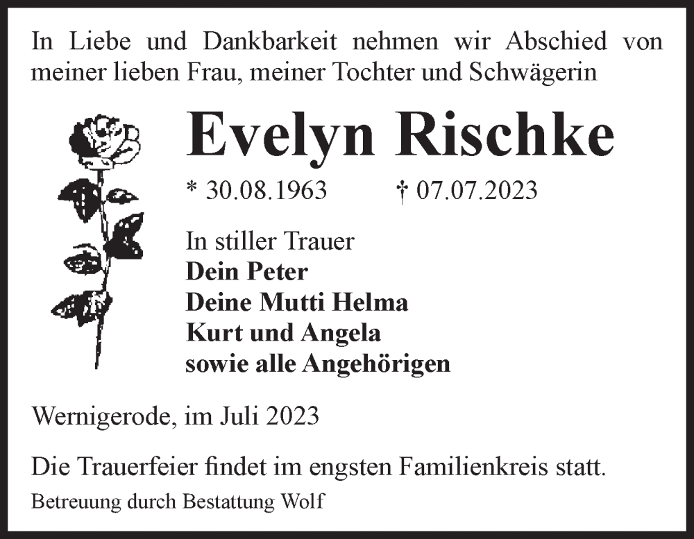 Traueranzeigen Von Evelyn Rischke Abschied Nehmen De