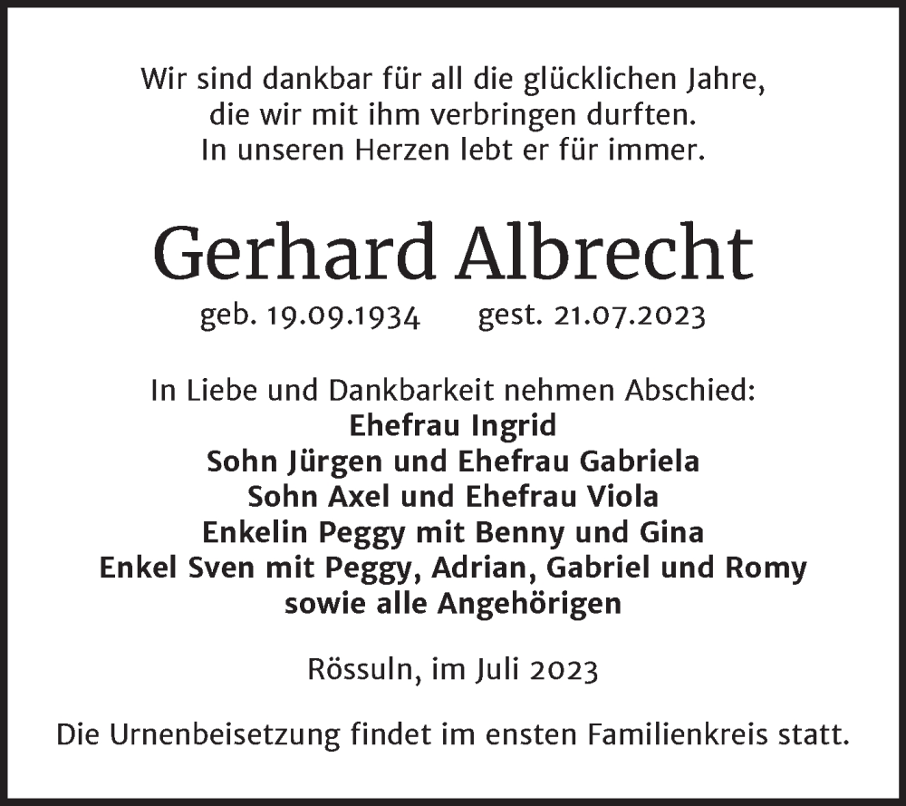 Traueranzeigen Von Gerhard Albrecht Abschied Nehmen De