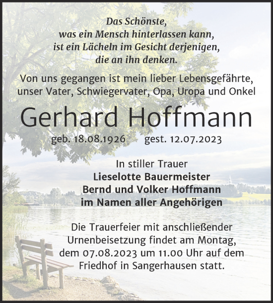 Traueranzeigen Von Gerhard Hoffmann Abschied Nehmen De