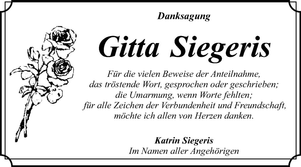 Traueranzeigen Von Gitta Siegeris Abschied Nehmen De