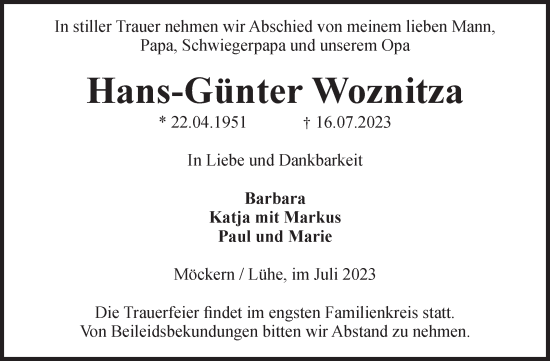 Traueranzeigen Von Hans G Nter Woznitza Abschied Nehmen De