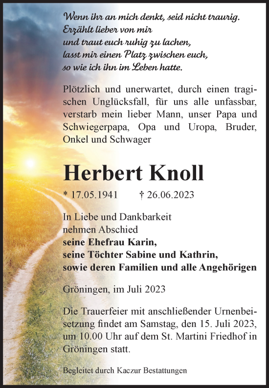 Traueranzeigen Von Herbert Knoll Abschied Nehmen De