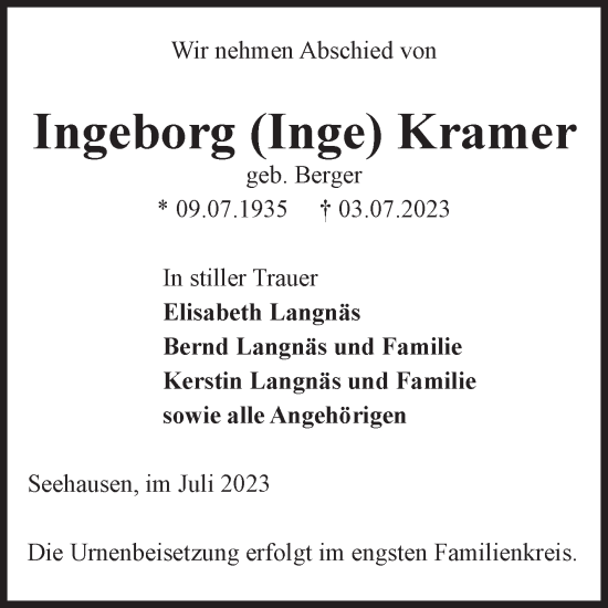 Traueranzeigen Von Ingeborg Kramer Abschied Nehmen De