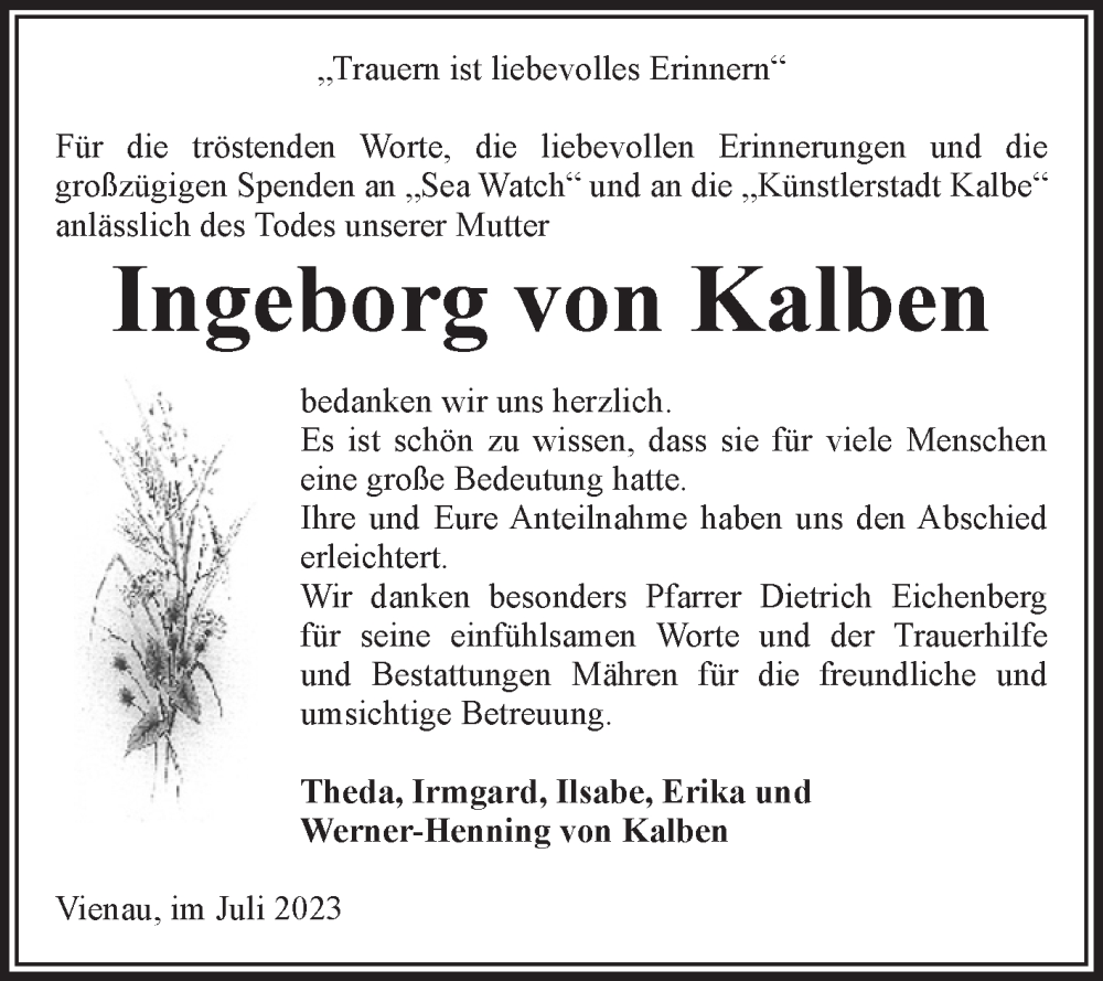 Traueranzeigen Von Ingeborg Von Kalben Abschied Nehmen De