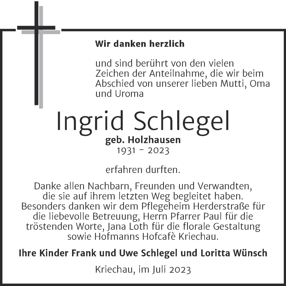 Traueranzeigen Von Ingrid Schlegel Abschied Nehmen De