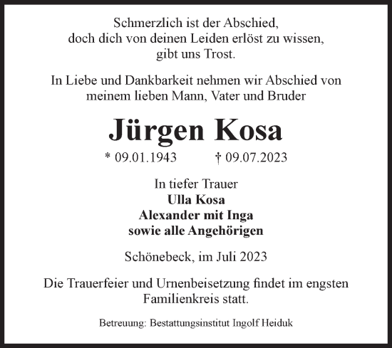 Traueranzeigen von Jürgen Kosa abschied nehmen de