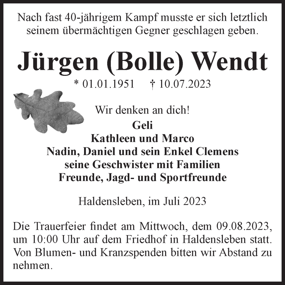 Traueranzeigen von Jürgen Wendt abschied nehmen de