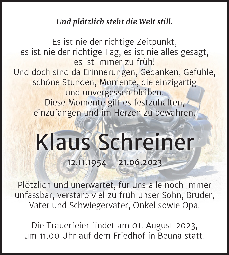 Traueranzeigen Von Klaus Schreiner Abschied Nehmen De