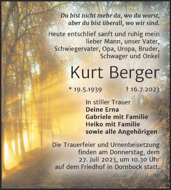 Traueranzeigen Von Kurt Berger Abschied Nehmen De