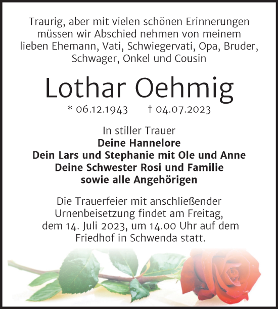 Traueranzeigen Von Lothar Oehmig Abschied Nehmen De