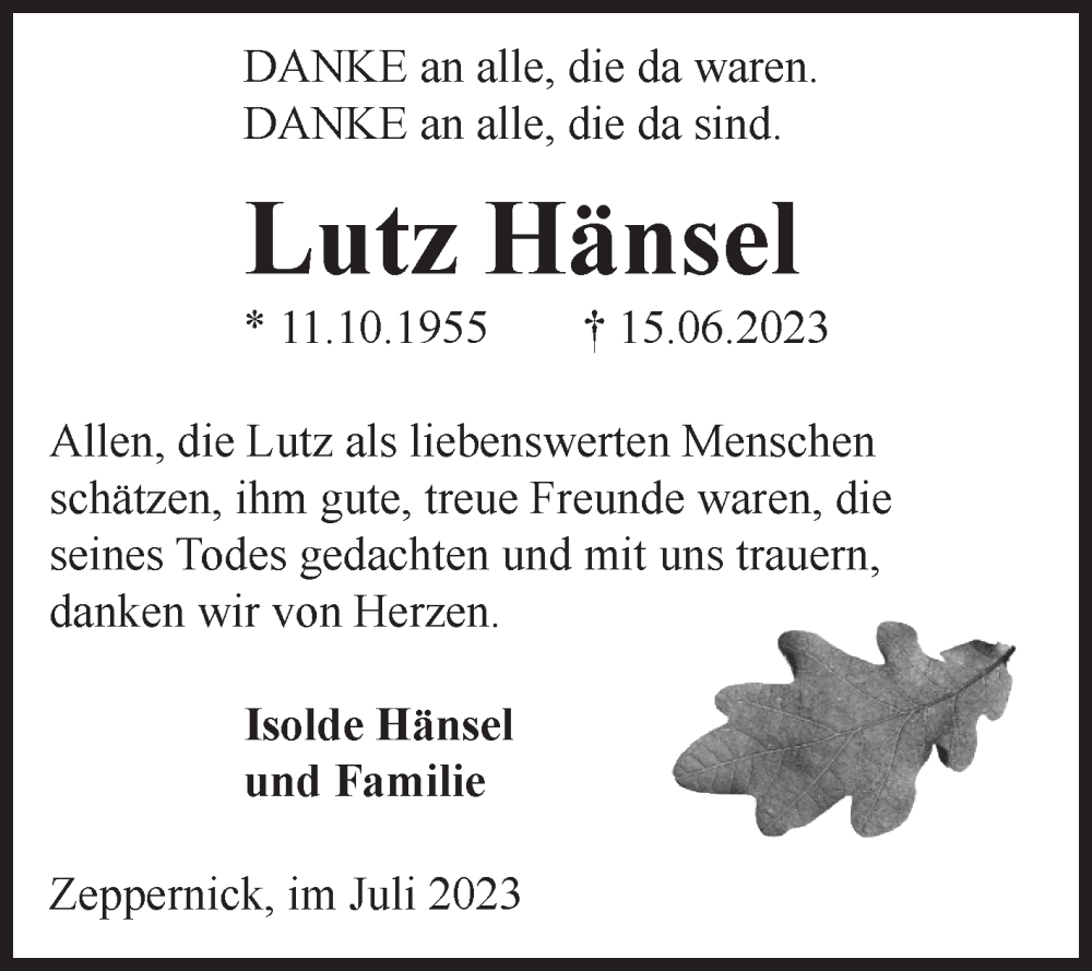 Traueranzeigen Von Lutz H Nsel Abschied Nehmen De