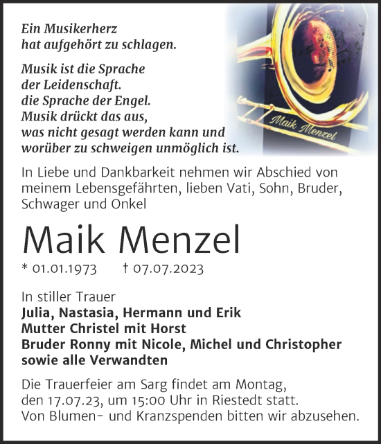 Traueranzeigen Von Maik Menzel Abschied Nehmen De