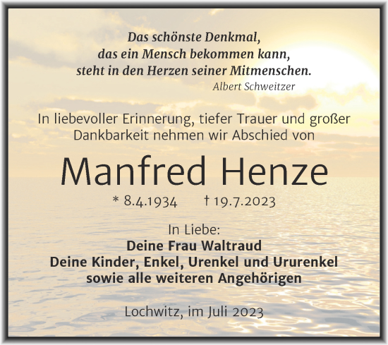 Traueranzeigen Von Manfred Henze Abschied Nehmen De