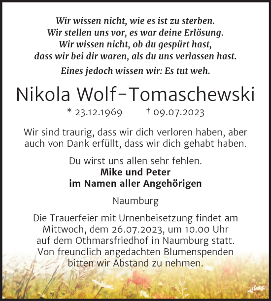 Traueranzeigen Von Nikola Wolf Tomaschewski Abschied Nehmen De