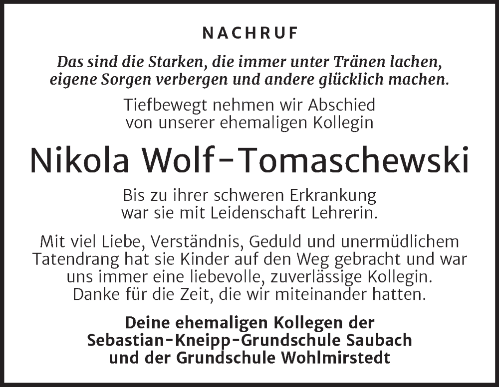 Traueranzeigen Von Nikola Wolf Tomaschewski Abschied Nehmen De