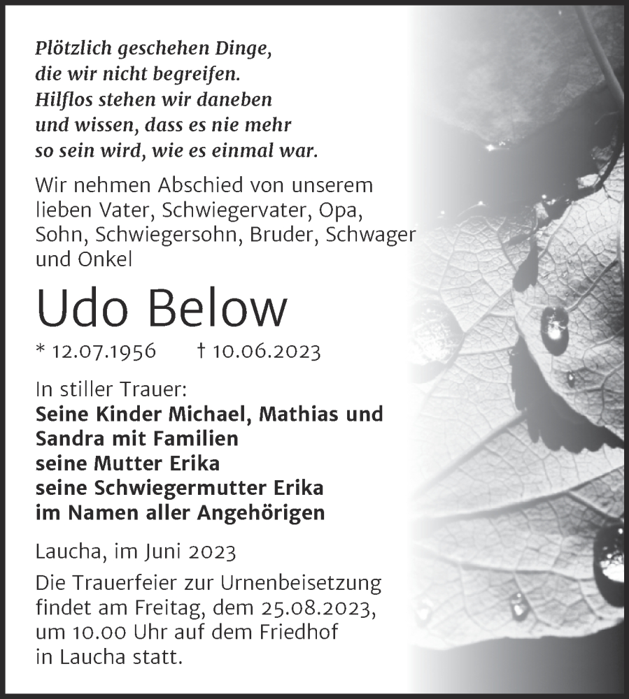 Traueranzeigen Von Udo Below Abschied Nehmen De