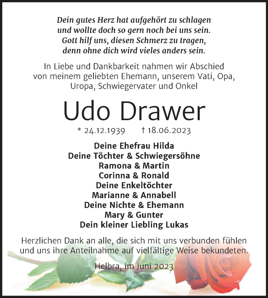 Traueranzeigen Von Udo Drawer Abschied Nehmen De