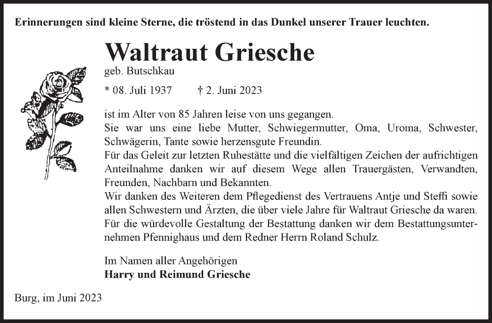 Traueranzeigen Von Waltraut Griesche Abschied Nehmen De