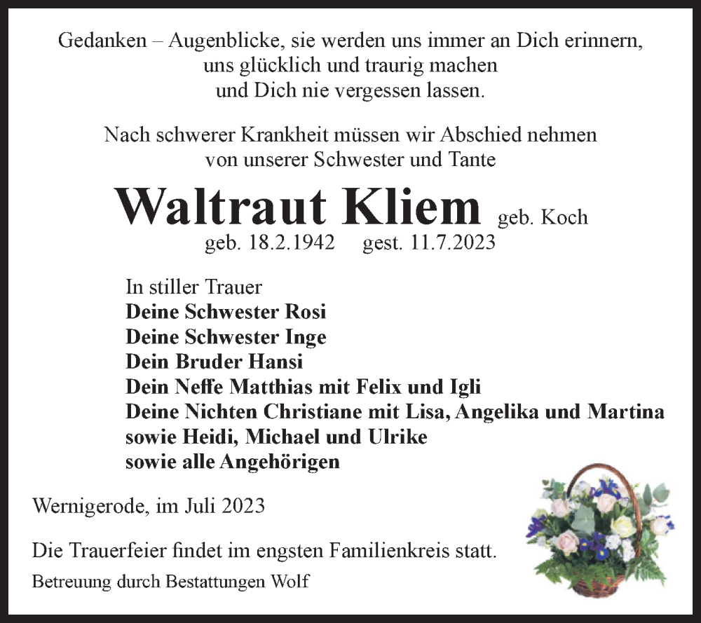 Traueranzeigen Von Waltraut Kliem Abschied Nehmen De