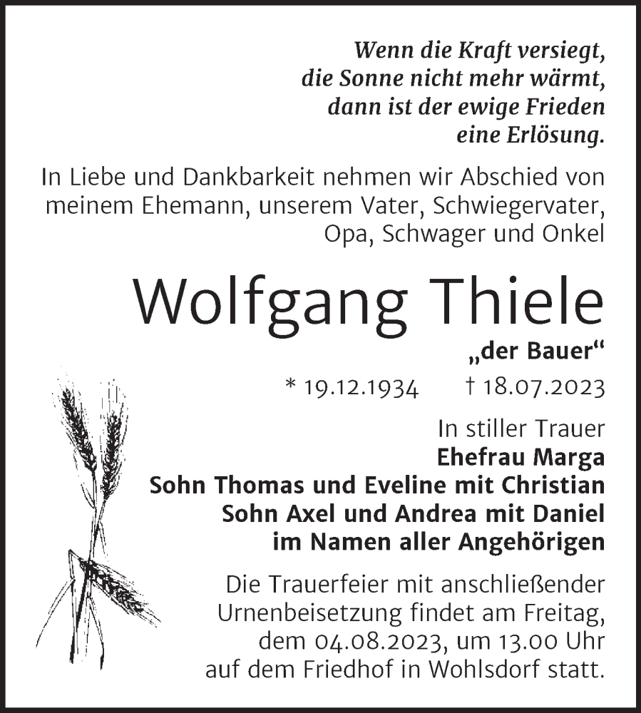 Traueranzeigen Von Wolfgang Thiele Abschied Nehmen De