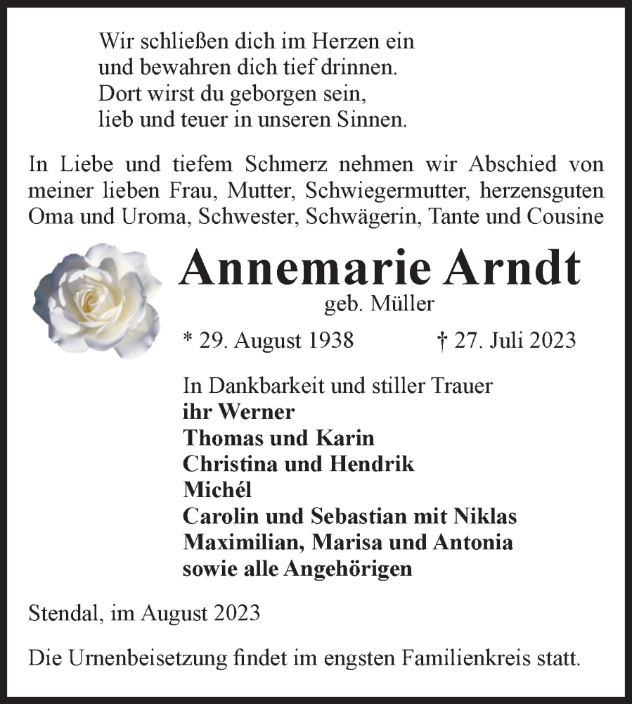 Traueranzeigen Von Annemarie Arndt Abschied Nehmen De