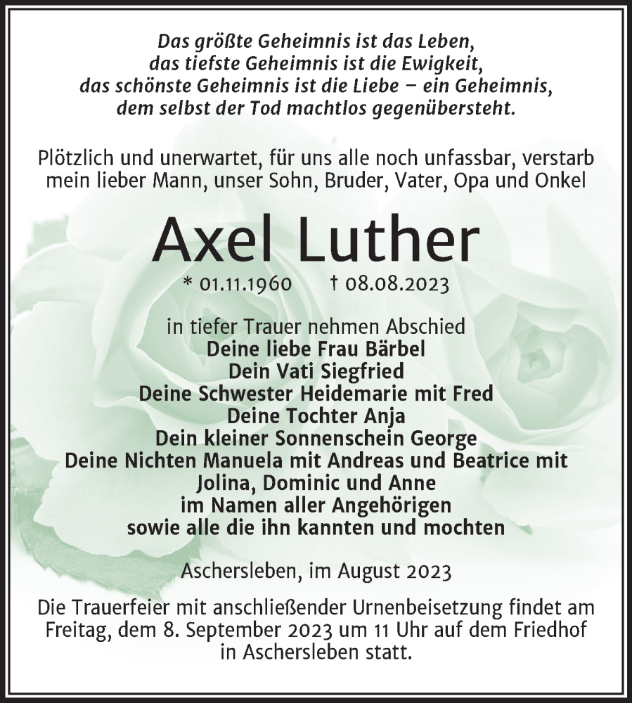 Traueranzeigen Von Axel Luther Abschied Nehmen De