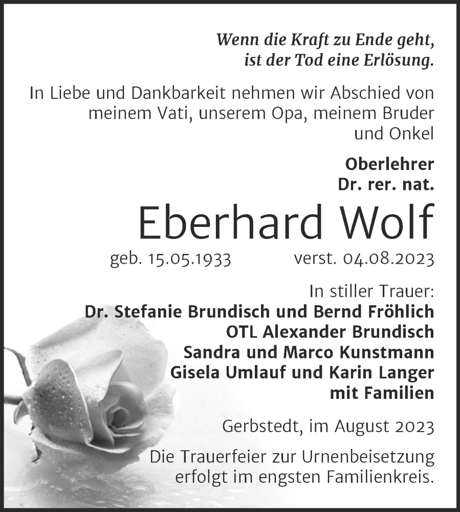 Traueranzeigen Von Eberhard Wolf Abschied Nehmen De