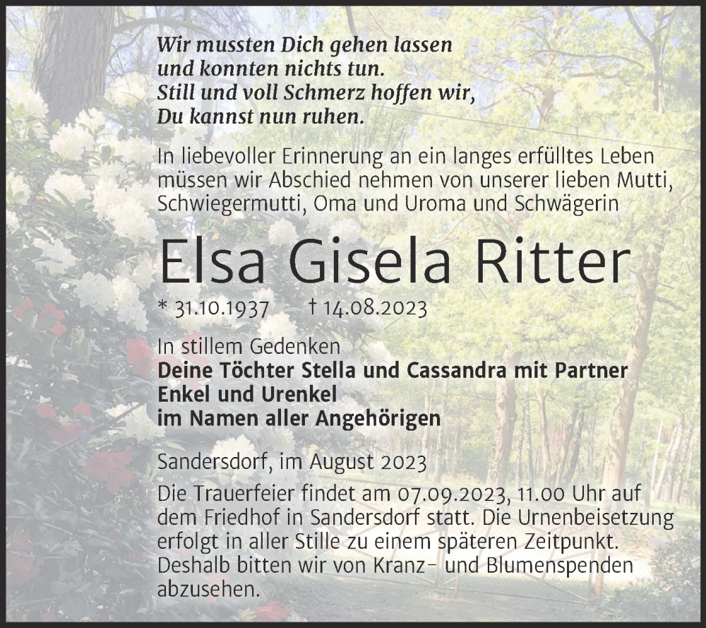 Traueranzeigen Von Elsa Gisela Ritter Abschied Nehmen De